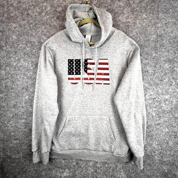 Gray Hoodie XL USA Flag Drawstring Hood Kangaroo Pocket Unbranded Fleece Lined - Picture 2 of 6